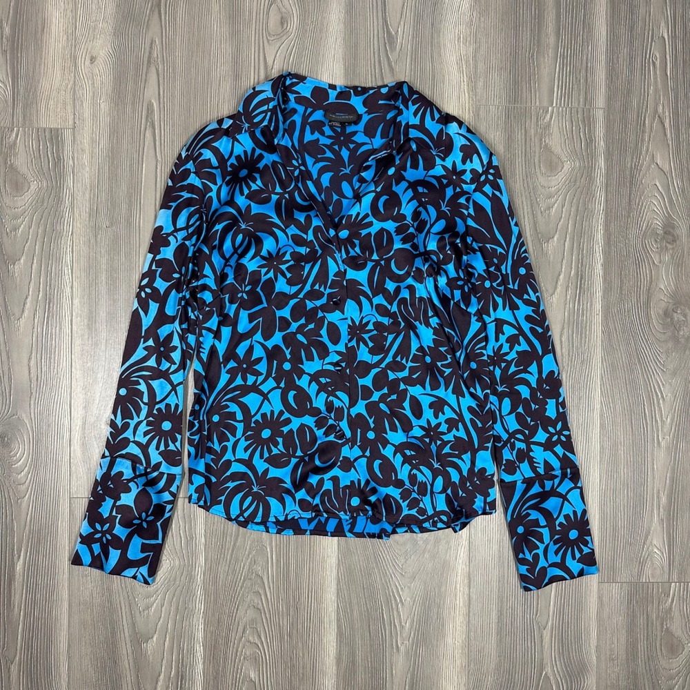 Juliana Collezions Blue and Brown Floral Silk Button Down Shirt Bold Chic